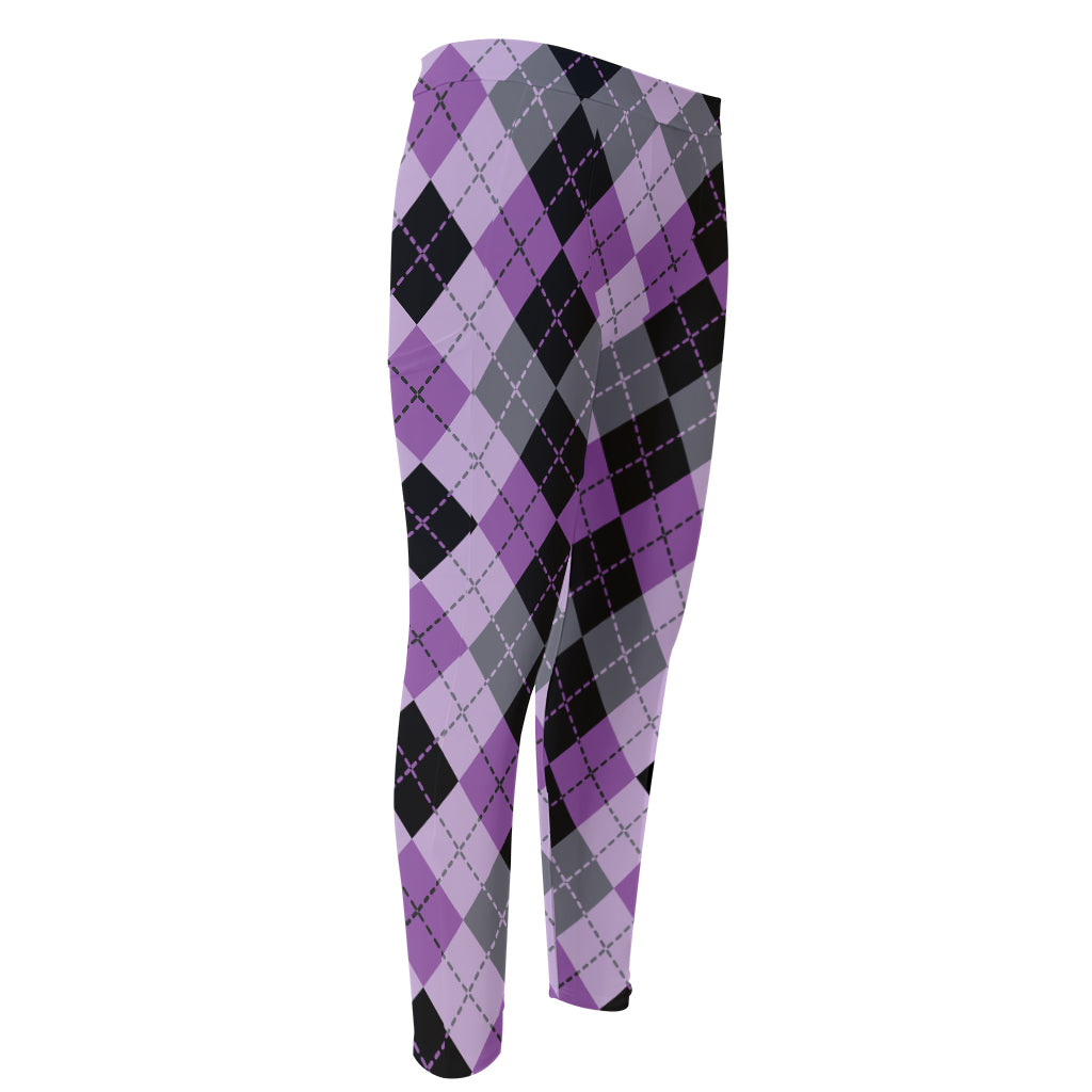 Black Grey And Violet Argyle Print Men's Compression Pants