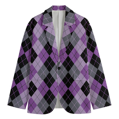Black Grey And Violet Argyle Print Men's Cotton Blazer