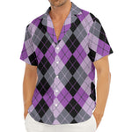 Black Grey And Violet Argyle Print Men's Deep V-Neck Shirt
