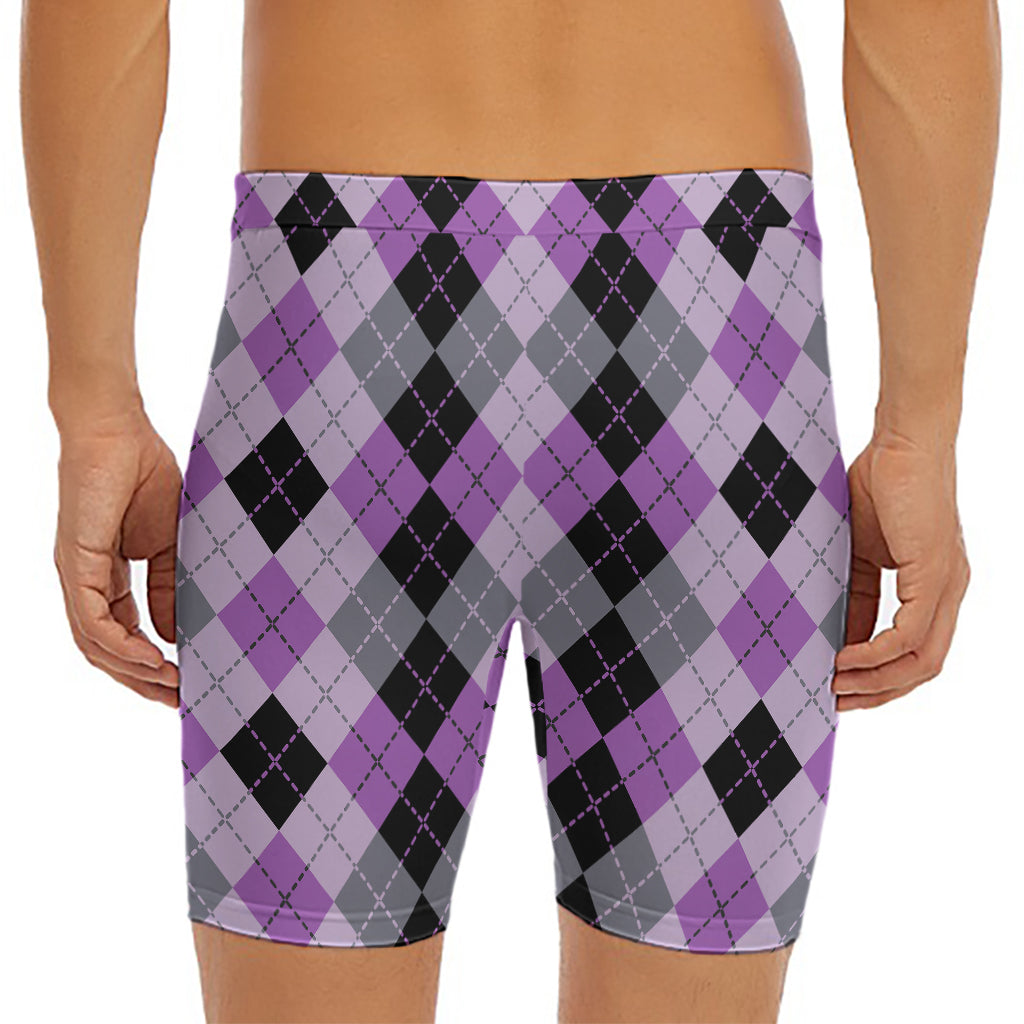 Black Grey And Violet Argyle Print Men's Long Boxer Briefs