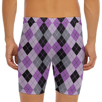 Black Grey And Violet Argyle Print Men's Long Boxer Briefs