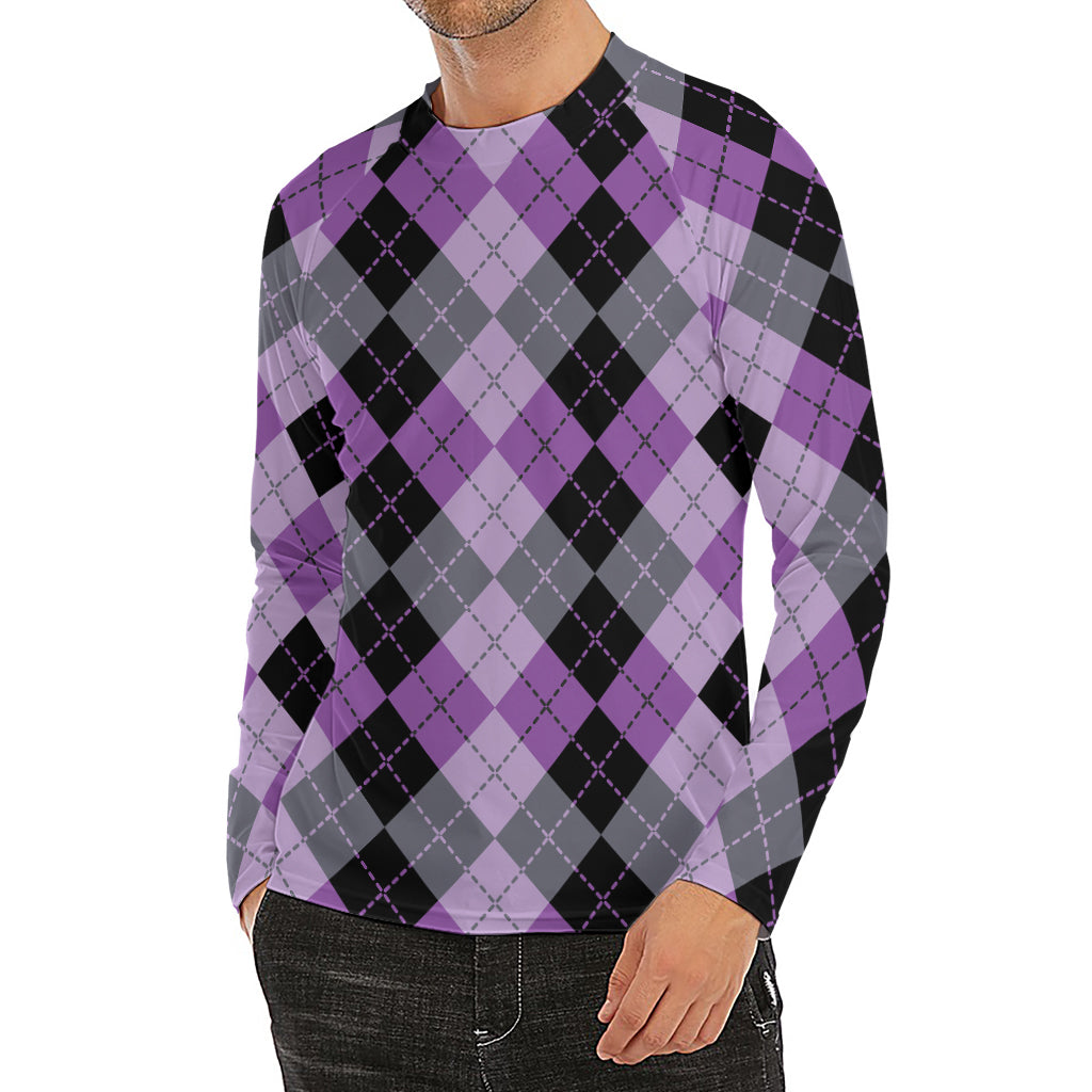 Black Grey And Violet Argyle Print Men's Long Sleeve Rash Guard