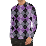 Black Grey And Violet Argyle Print Men's Long Sleeve Rash Guard