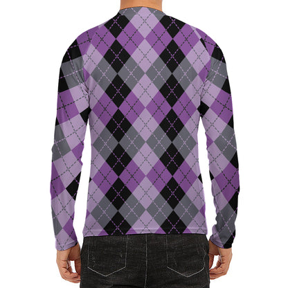 Black Grey And Violet Argyle Print Men's Long Sleeve Rash Guard