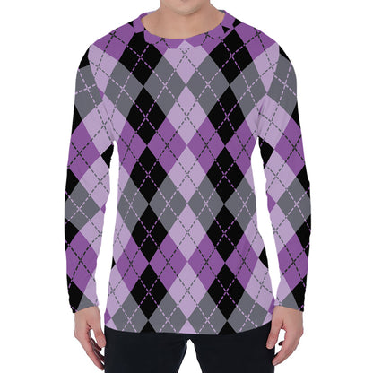Black Grey And Violet Argyle Print Men's Long Sleeve T-Shirt