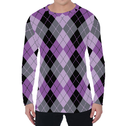 Black Grey And Violet Argyle Print Men's Long Sleeve T-Shirt