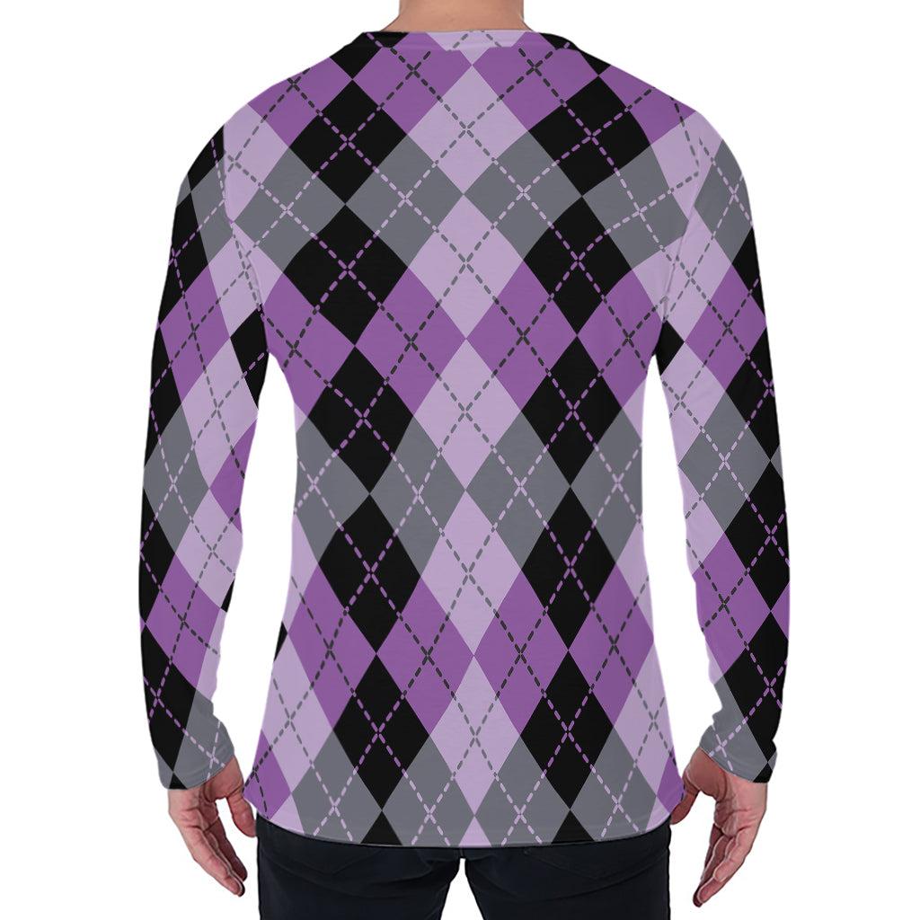 Black Grey And Violet Argyle Print Men's Long Sleeve T-Shirt