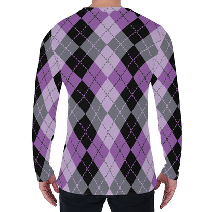 Black Grey And Violet Argyle Print Men's Long Sleeve T-Shirt