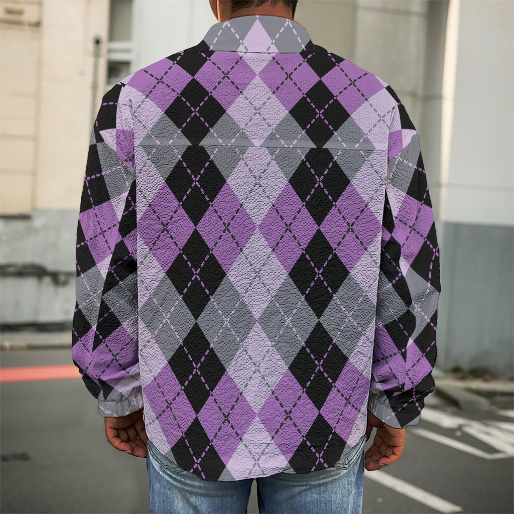 Black Grey And Violet Argyle Print Men's Shirt Jacket