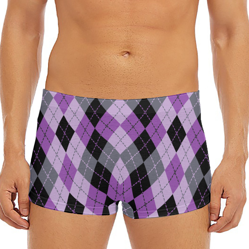 Black Grey And Violet Argyle Print Men's Short Boxer Briefs
