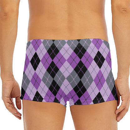 Black Grey And Violet Argyle Print Men's Short Boxer Briefs
