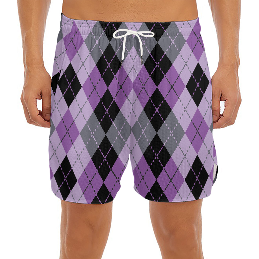 Black Grey And Violet Argyle Print Men's Split Running Shorts