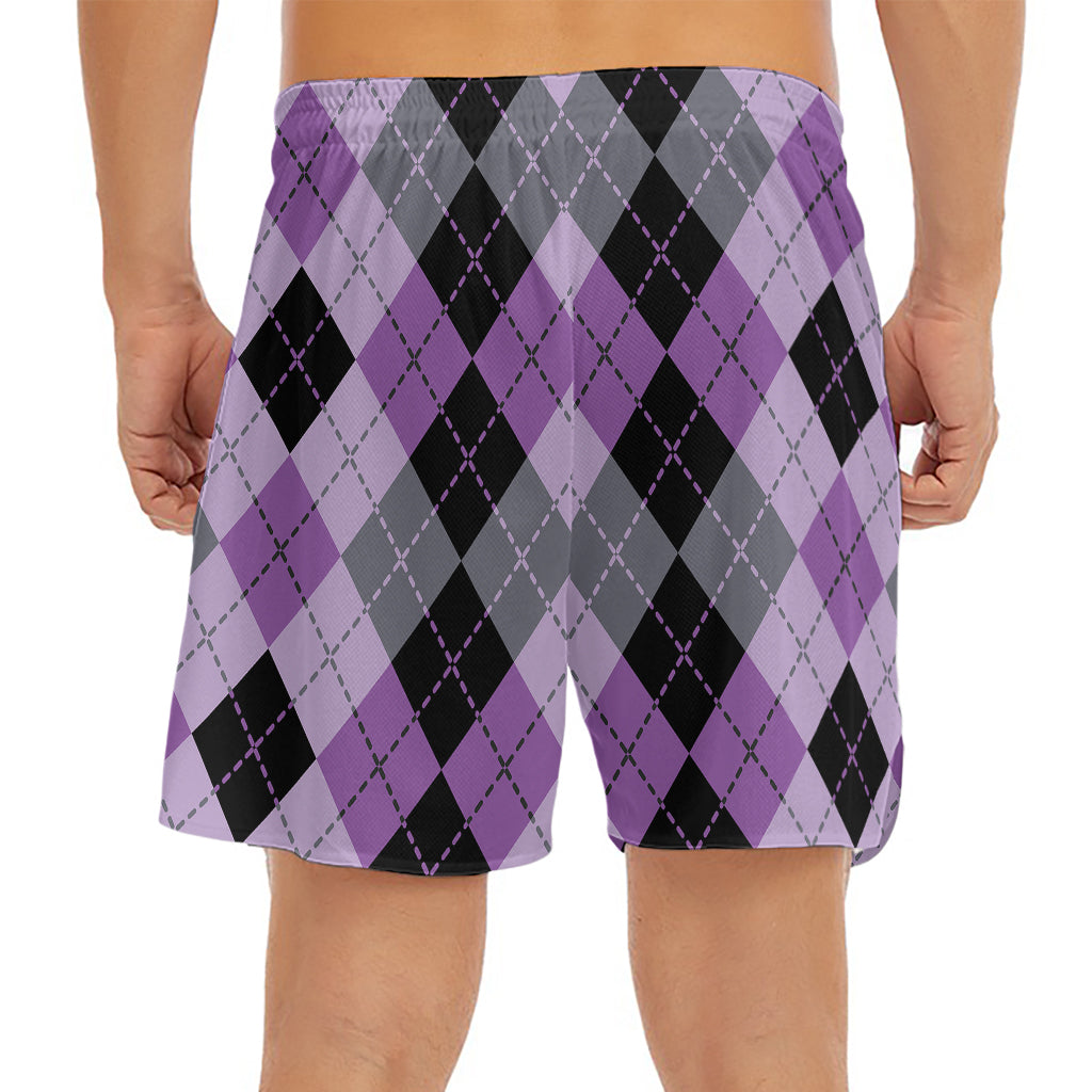 Black Grey And Violet Argyle Print Men's Split Running Shorts