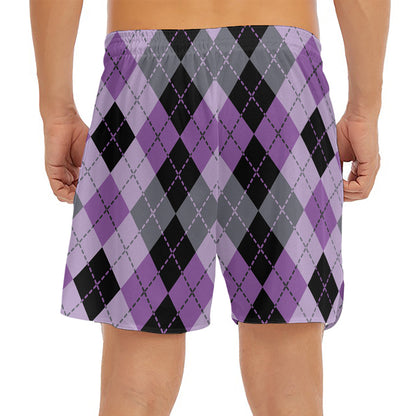 Black Grey And Violet Argyle Print Men's Split Running Shorts