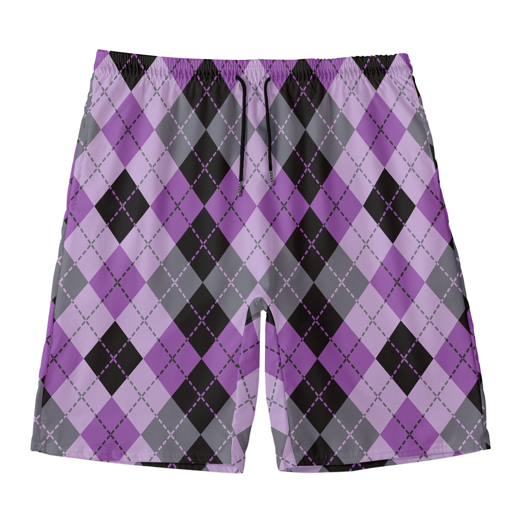 Black Grey And Violet Argyle Print Men's Swim Trunks