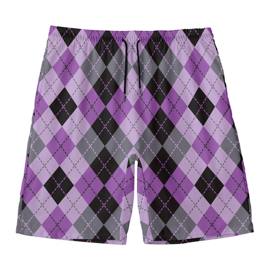 Black Grey And Violet Argyle Print Men's Swim Trunks