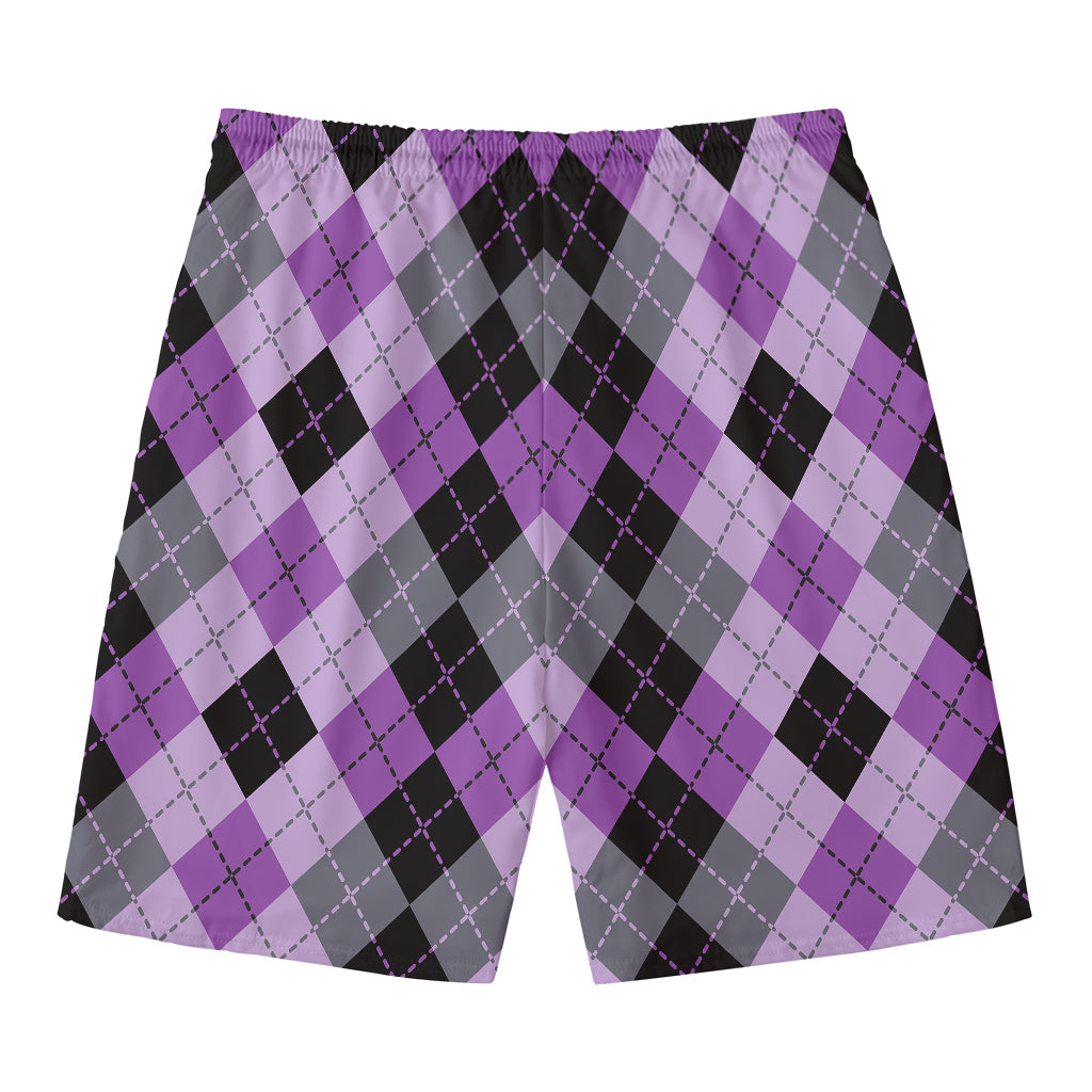 Black Grey And Violet Argyle Print Men's Swim Trunks