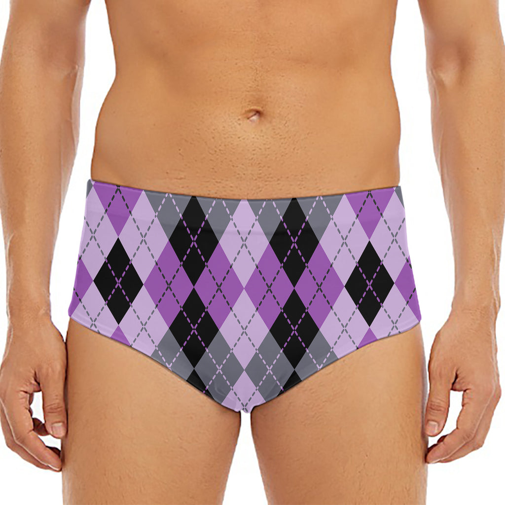 Black Grey And Violet Argyle Print Men's Triangle Swim Briefs