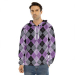 Black Grey And Violet Argyle Print Men's Velvet Pullover Hoodie