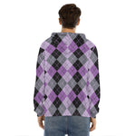 Black Grey And Violet Argyle Print Men's Velvet Pullover Hoodie
