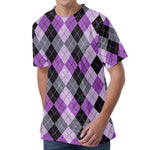 Black Grey And Violet Argyle Print Men's Velvet T-Shirt