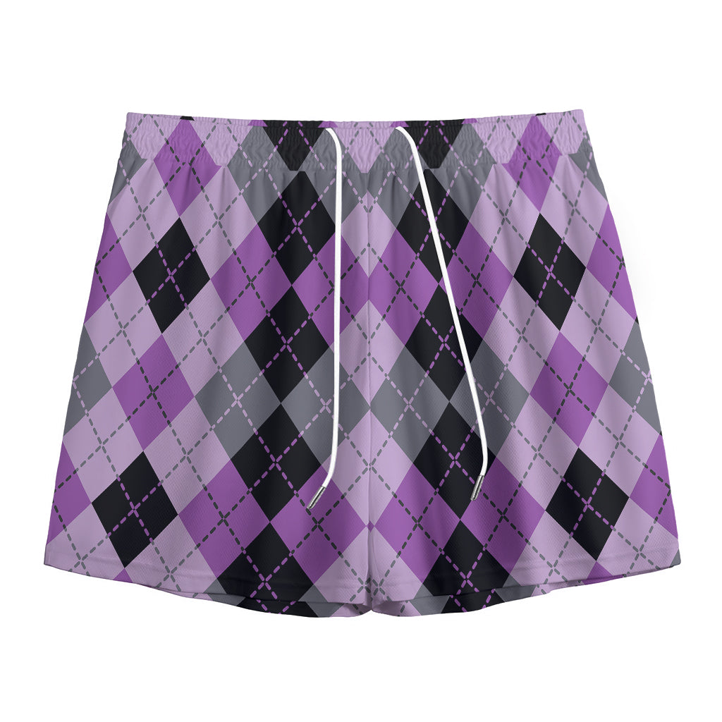 Black Grey And Violet Argyle Print Mesh Shorts