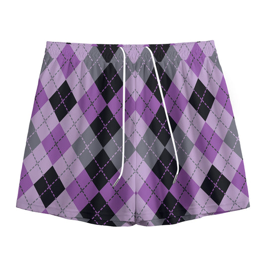 Black Grey And Violet Argyle Print Mesh Shorts