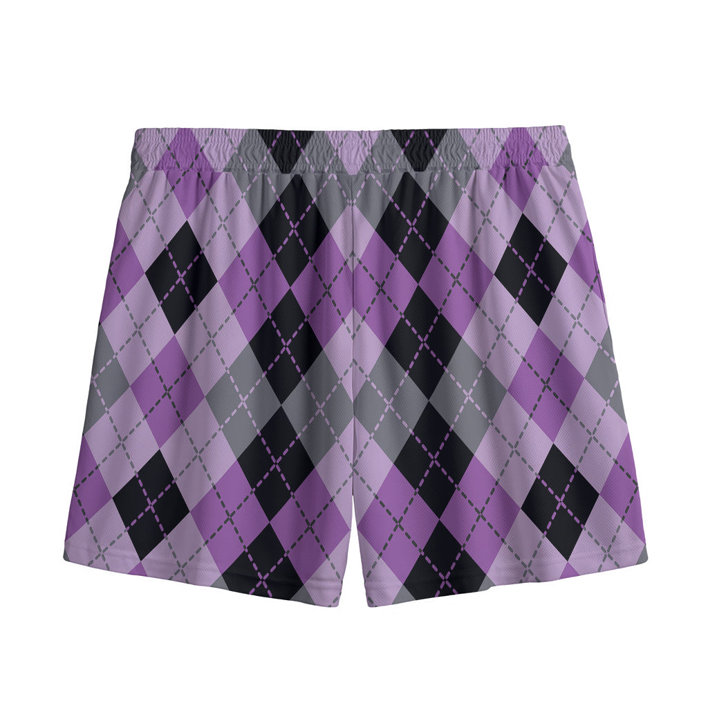 Black Grey And Violet Argyle Print Mesh Shorts