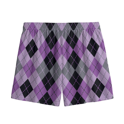 Black Grey And Violet Argyle Print Mesh Shorts