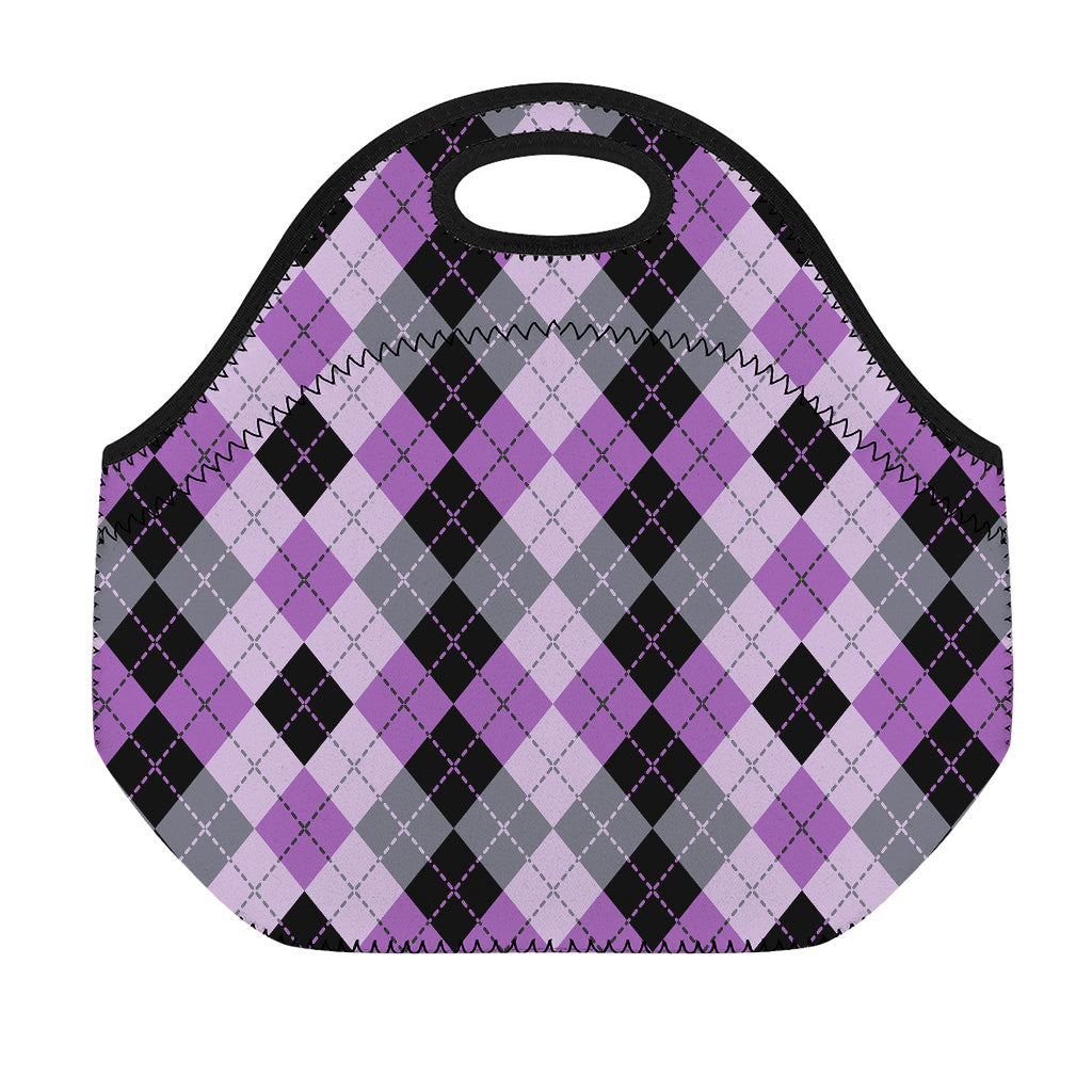 Black Grey And Violet Argyle Print Neoprene Lunch Bag