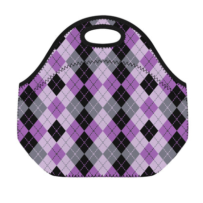 Black Grey And Violet Argyle Print Neoprene Lunch Bag