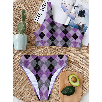 Black Grey And Violet Argyle Print One Shoulder Bikini Top