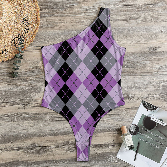 Black Grey And Violet Argyle Print One Shoulder Bodysuit