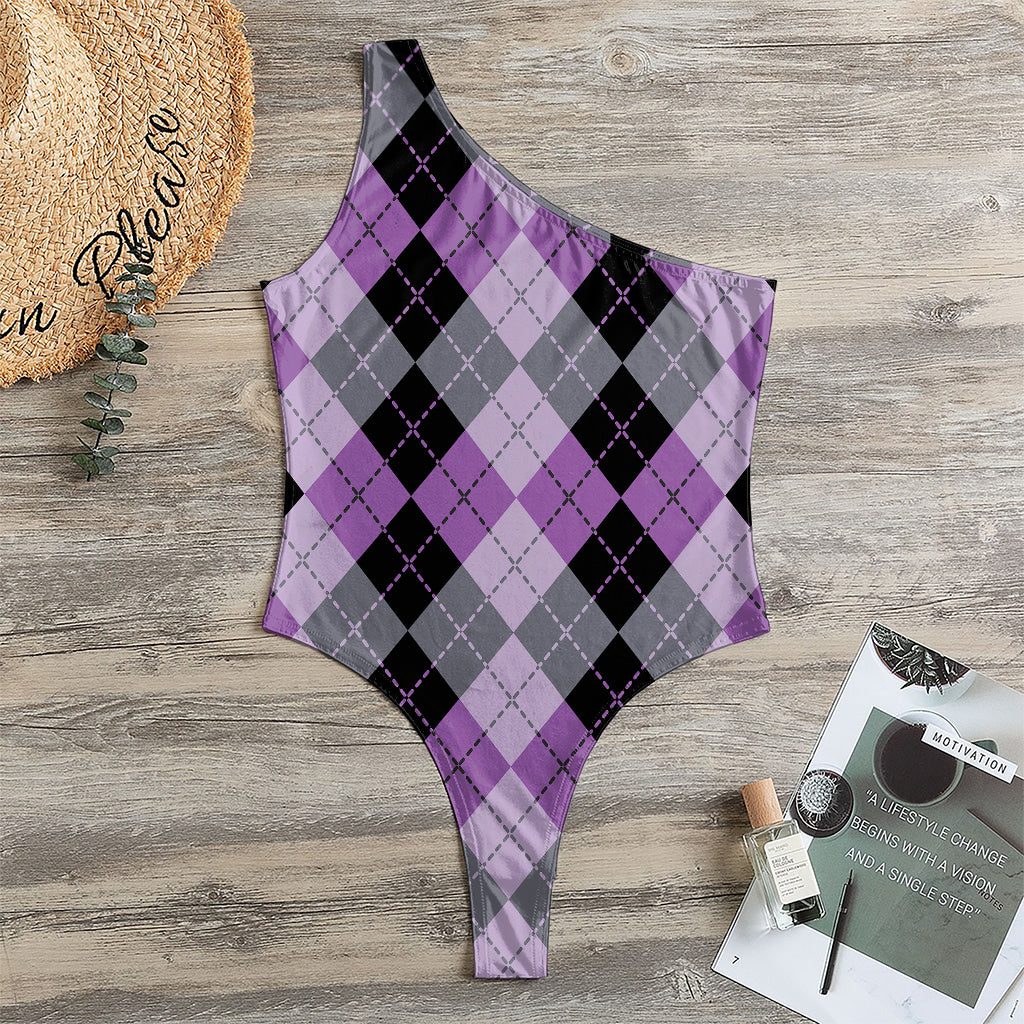 Black Grey And Violet Argyle Print One Shoulder Bodysuit
