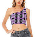 Black Grey And Violet Argyle Print One Shoulder Crop Top