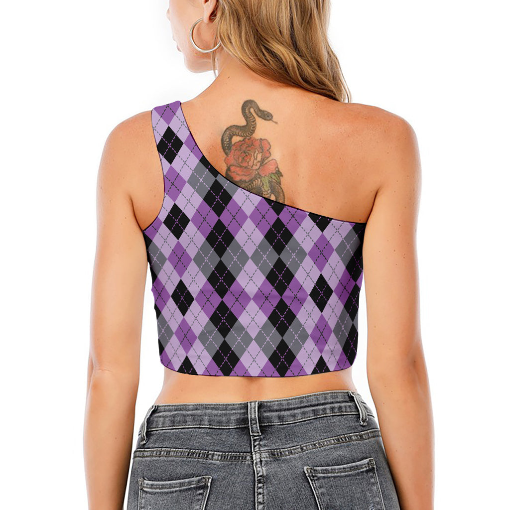 Black Grey And Violet Argyle Print One Shoulder Crop Top