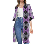 Black Grey And Violet Argyle Print Open Front Beach Cover Up