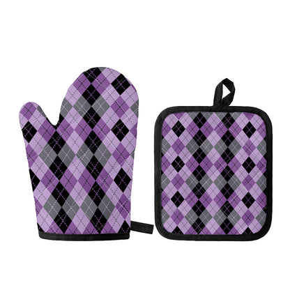 Black Grey And Violet Argyle Print Oven Mitt And Pot Holder Set
