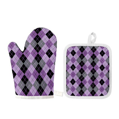 Black Grey And Violet Argyle Print Oven Mitt And Pot Holder Set