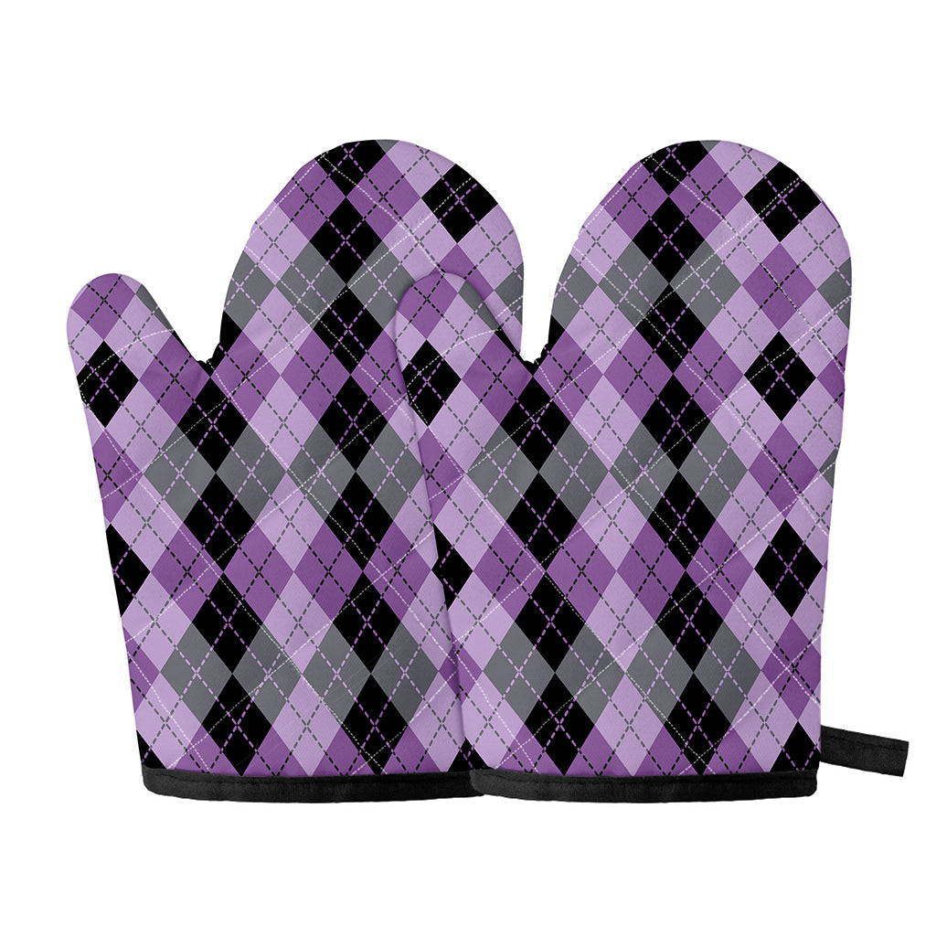 Black Grey And Violet Argyle Print Oven Mitts