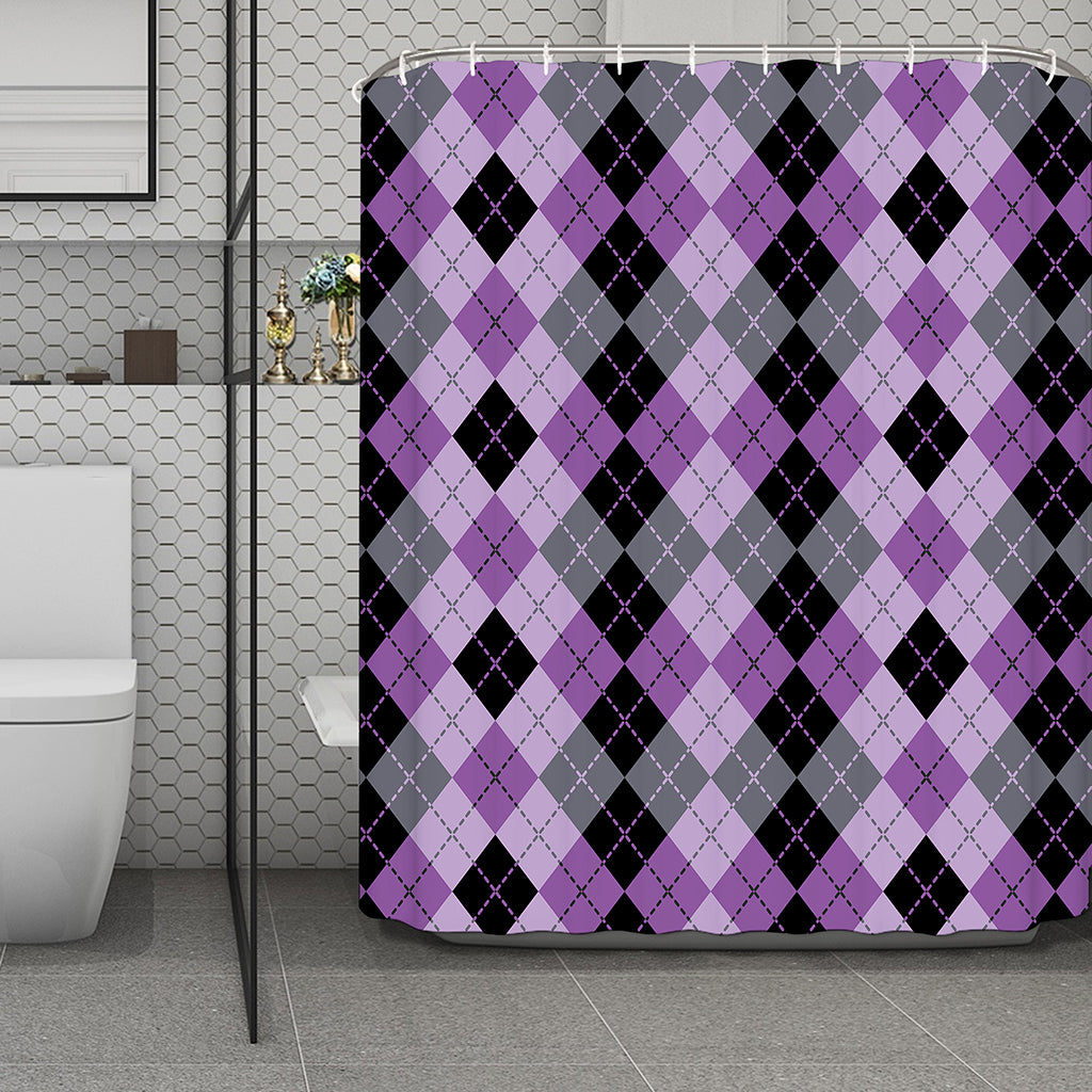 Black Grey And Violet Argyle Print Polyester Shower Curtain