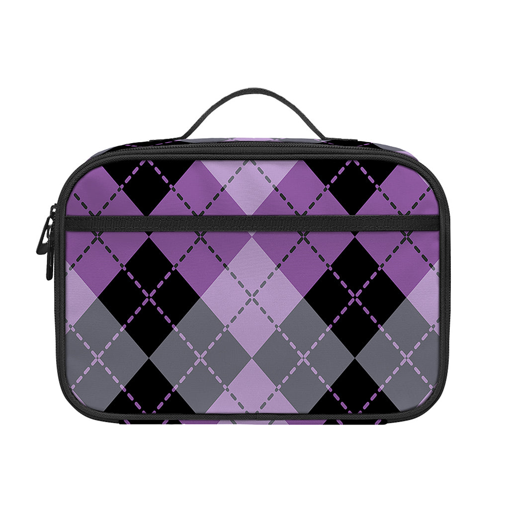 Black Grey And Violet Argyle Print Portable Lunch Bag