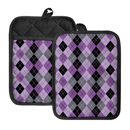 Black Grey And Violet Argyle Print Pot Holders With Pocket