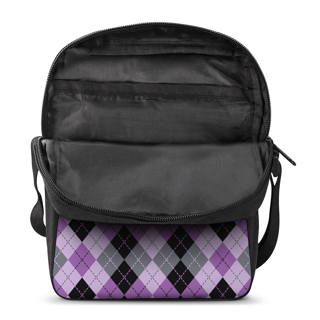 Black Grey And Violet Argyle Print Rectangular Crossbody Bag