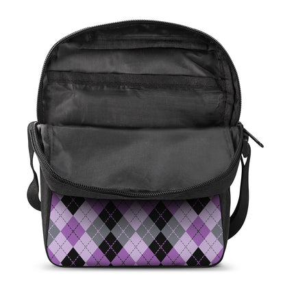 Black Grey And Violet Argyle Print Rectangular Crossbody Bag