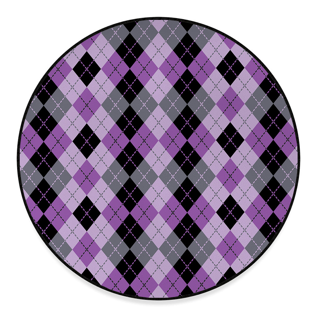 Black Grey And Violet Argyle Print Round Floor Mat