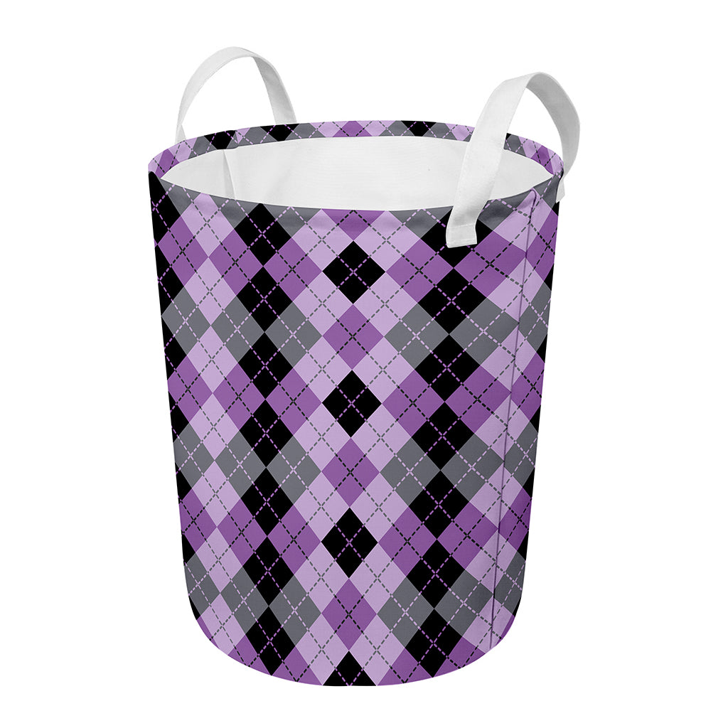Black Grey And Violet Argyle Print Round Laundry Basket