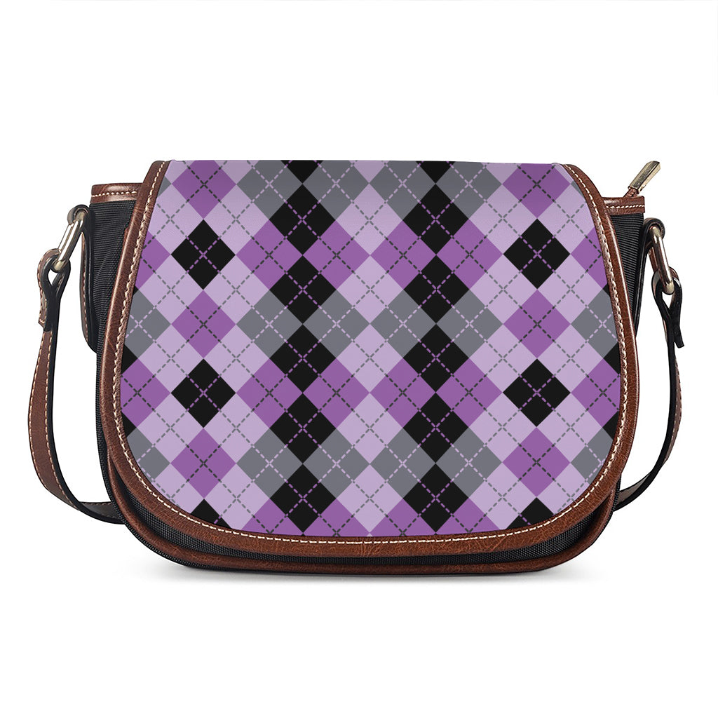Black Grey And Violet Argyle Print Saddle Bag