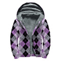 Black Grey And Violet Argyle Print Sherpa Lined Zip Up Hoodie