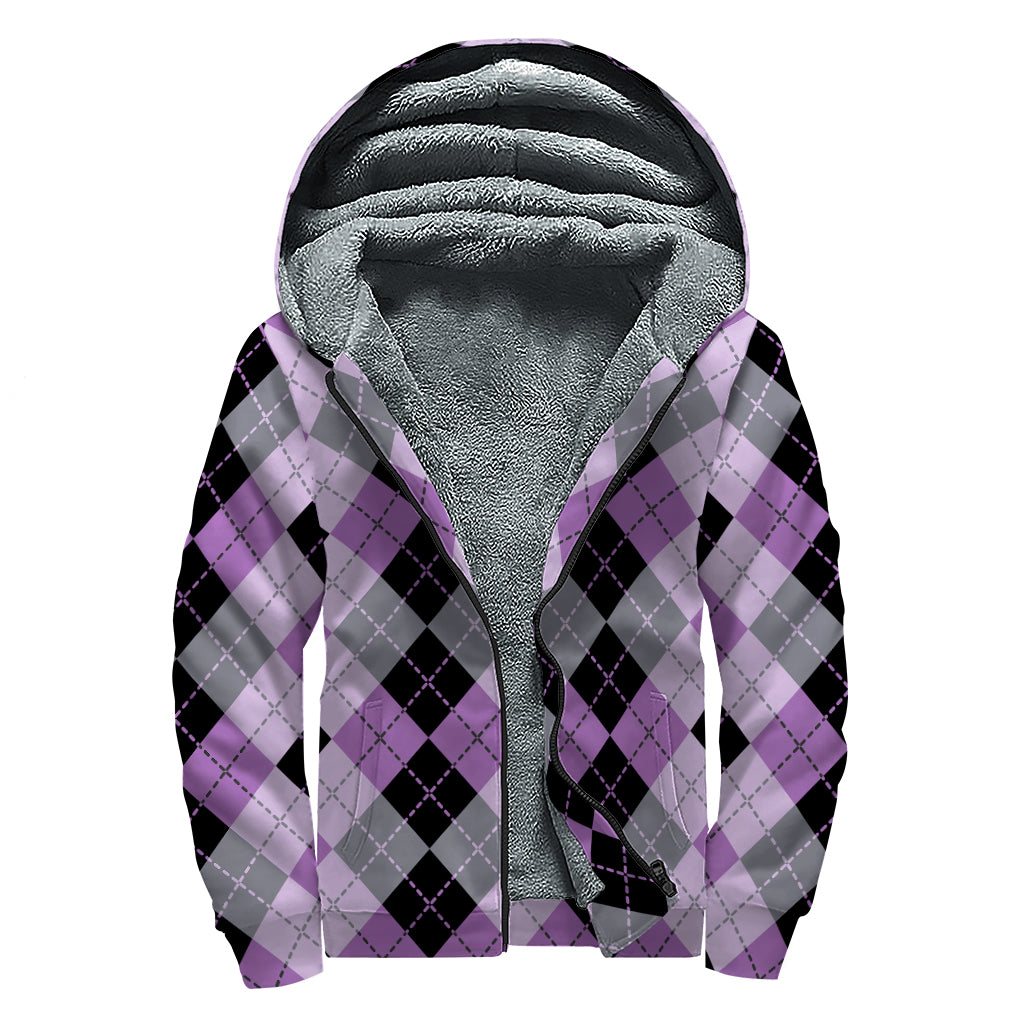 Black Grey And Violet Argyle Print Sherpa Lined Zip Up Hoodie